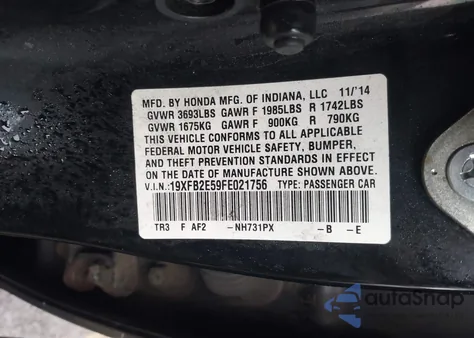 2015 Honda Civic Lx из США, поврежденный, VIN 19XFB2E59FE021756